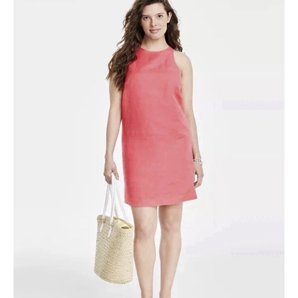 On 34th Women's Linen Blend Sleeveless Shift Dress L Coral Pink Coastal Preppy